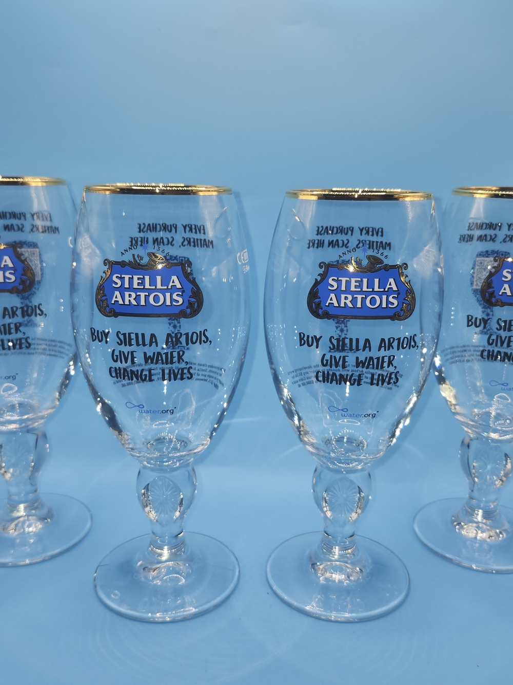 4 STELLA ARTOIS GIVE WATER CHANGE LIVES BLUE Logo CHALICE Beer Glass Rare Promo